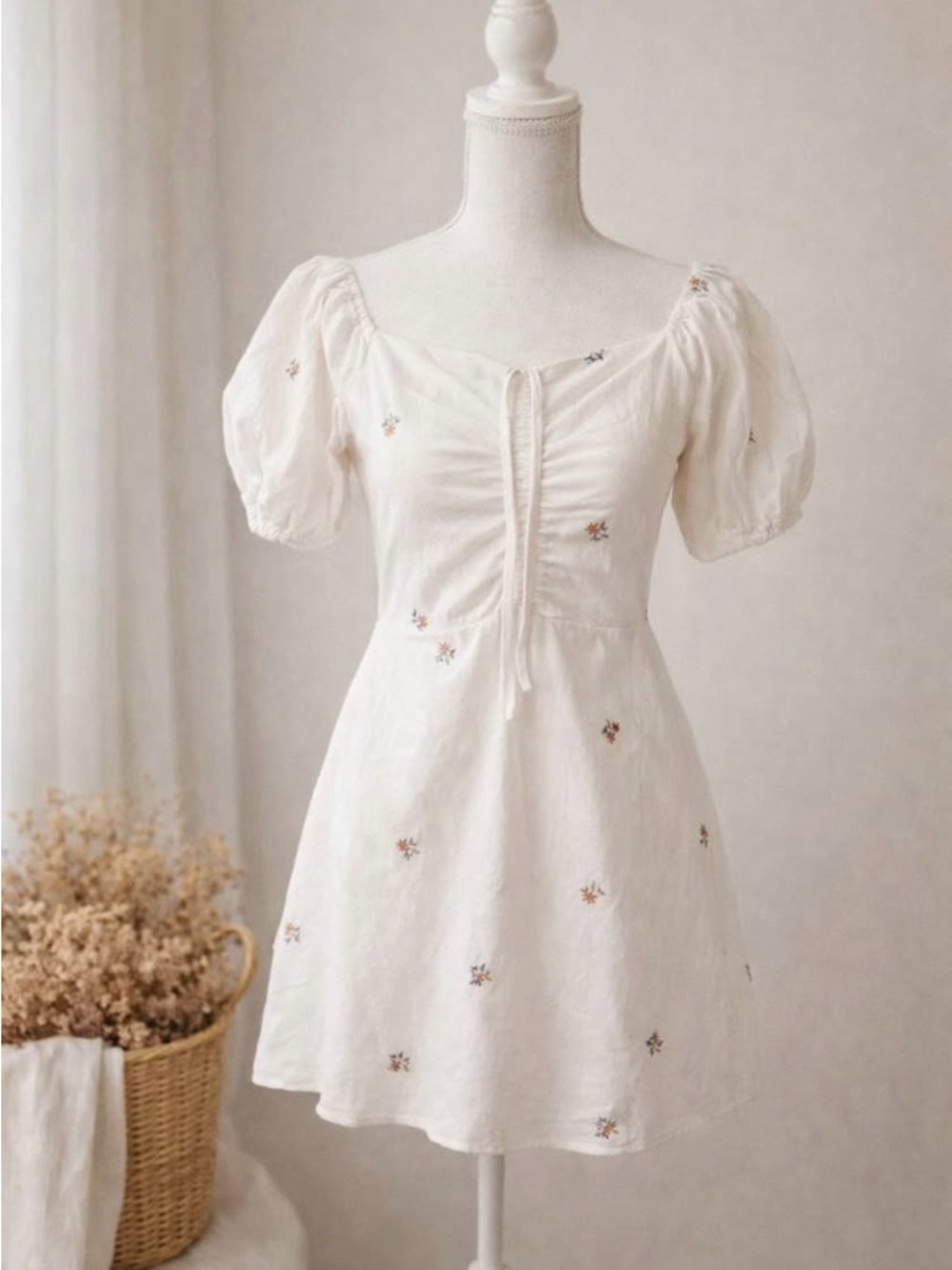 White Puff Sleeve Floral-Embroidered Mini Dress